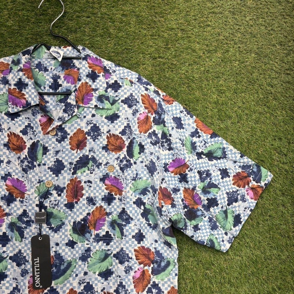TULLIANO Linen Shirt Mens Medium Short Sleeve Button-Up Blue Floral NWT